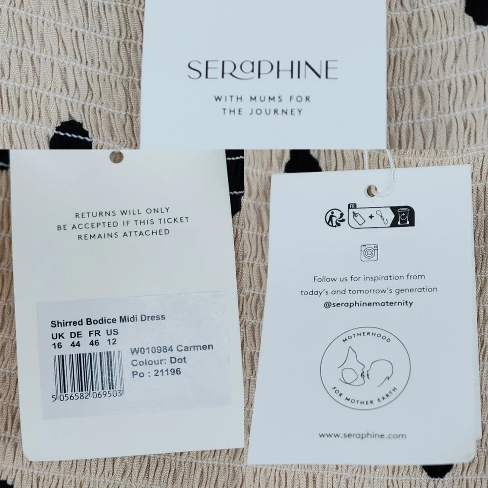 Seraphine Maxi Dress 12 Carmen Cream Black Polka Dot Shirred Boho Maternity NEW